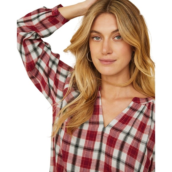 Garnet Hill Red Gauze Organic-Cotton Plaid Popover Blouse Women Medium 50683 NWT - Picture 3 of 11